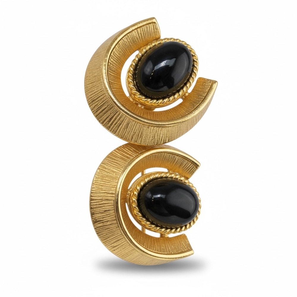 🔻Vintage ESCADA Gold Black Cabochon Statement Clip Earrings Designer